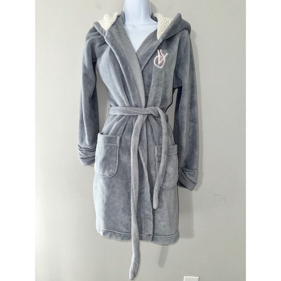 Victoria's Secret Robe S/P Gray Plush Sherpa Lined Hooded Bath Sleep Lounge - Picture 1 of 6
